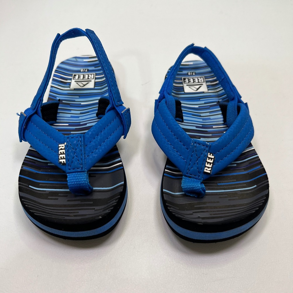 Reef Sandals Kids 7/8 Blue Flip Flops Backstrap Striped Surf Vacation Pool Sport